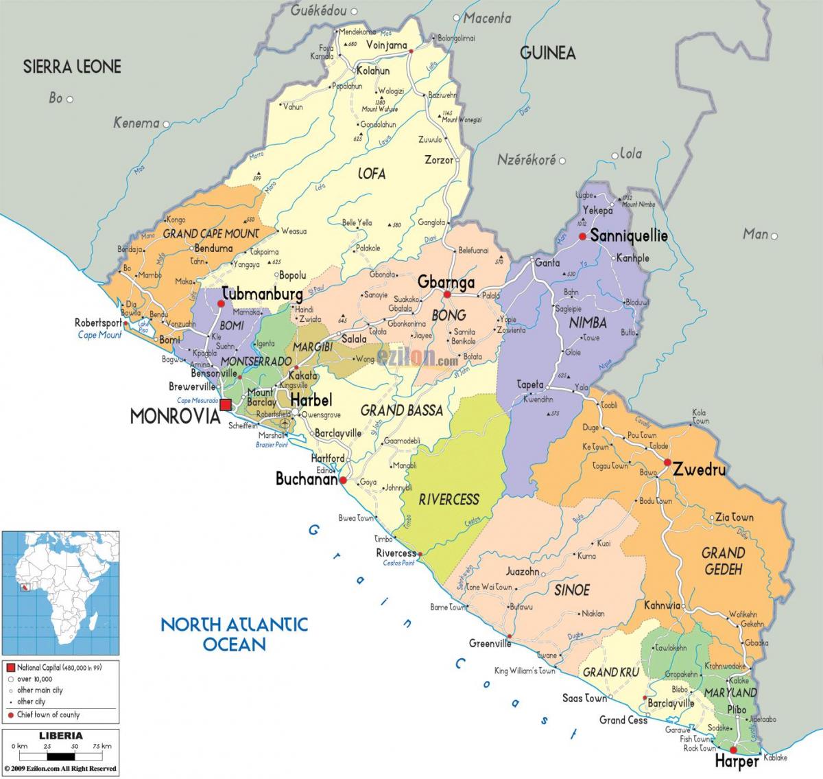 politični zemljevid Liberija